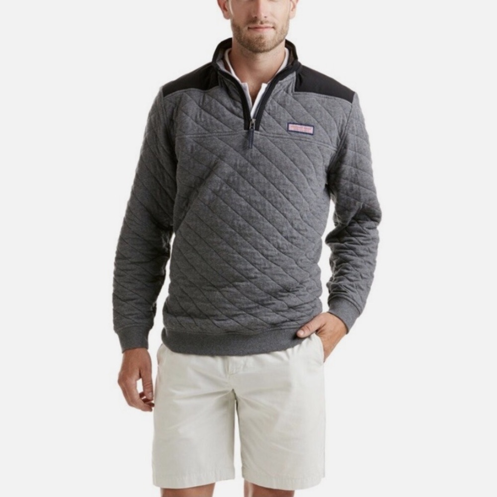 Vineyard Vines Men's Gray and Black Quilted Quarter Zip Pullover